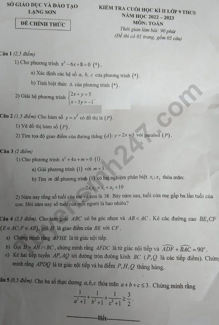 De thi ki 2 lop 9 mon Toan - So GD Lang Son 2023