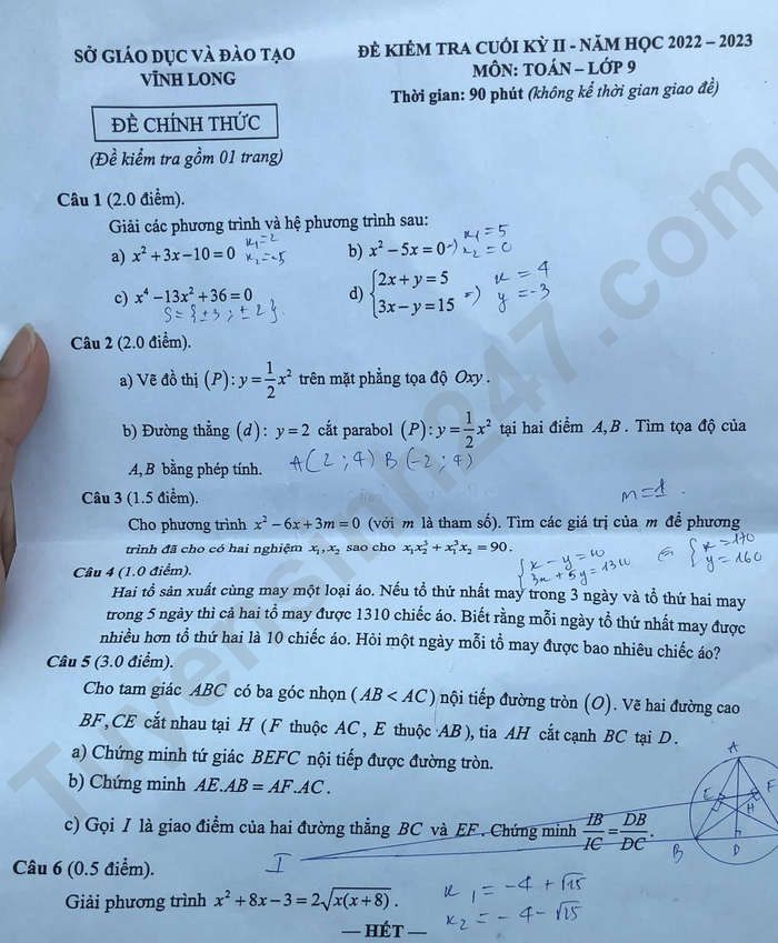 De cuoi ki 2 lop 9 mon Toan nam 2023 - tinh Vinh Long