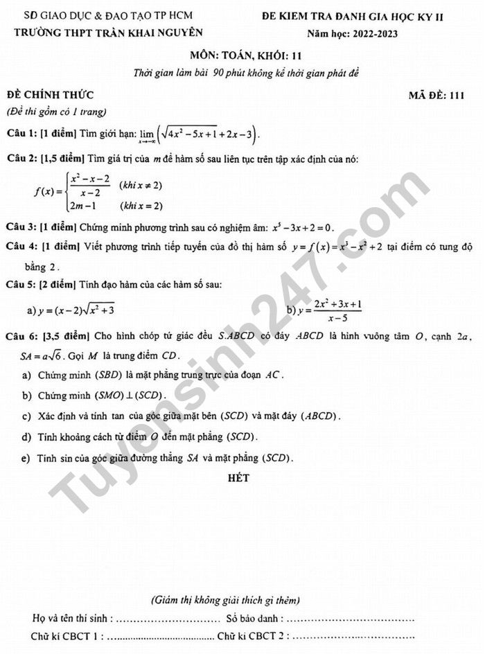 De kiem tra cuoi ki 2  lop 11 mon Toan nam 2023 - THPT Tran Khai Nguyen