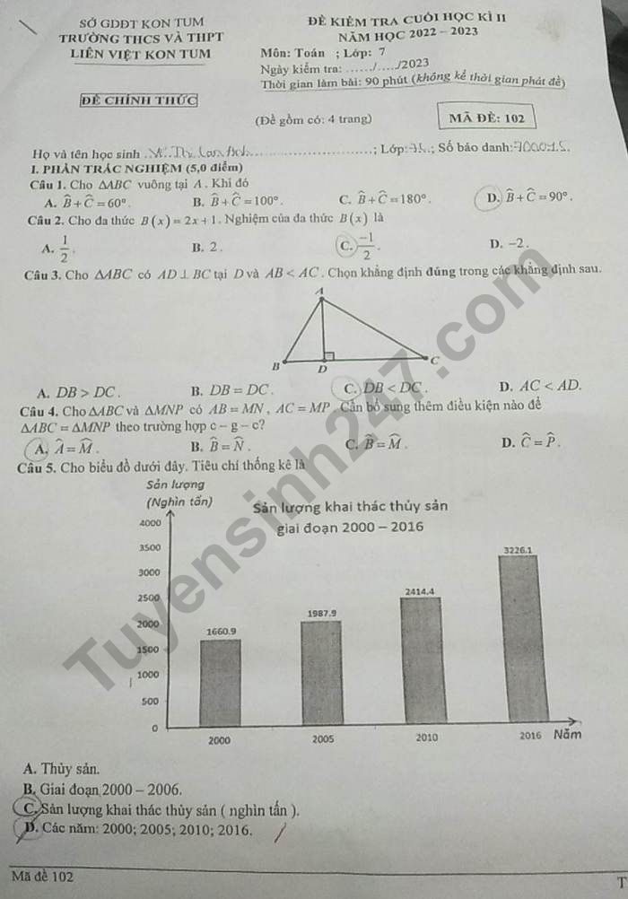 De hoc ki 2 lop 7 nam 2023 mon Toan - THCS & THPT Lien Viet Kon Tum