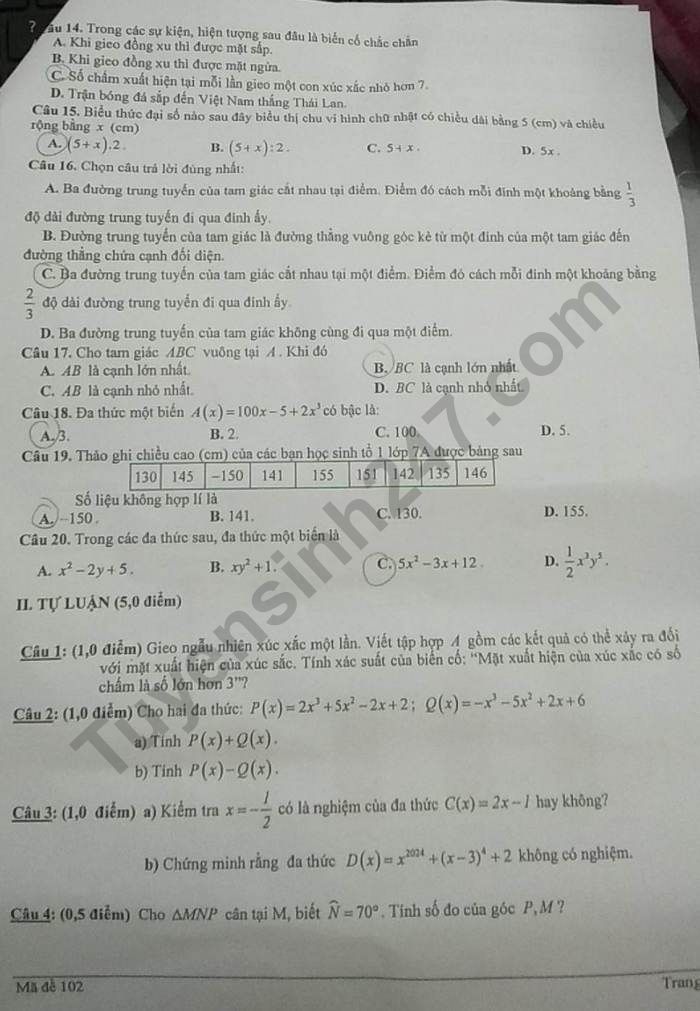 De hoc ki 2 lop 7 nam 2023 mon Toan - THCS & THPT Lien Viet Kon Tum