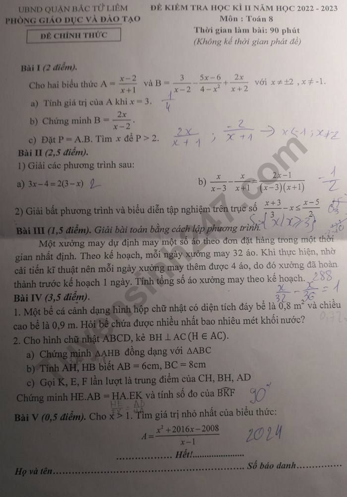 De cuoi ki 2 lop 8 mon Toan nam 2023 - Phong GD Quan Bac Tu Liem