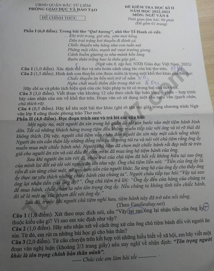 De thi cuoi ki 2 mon Van lop 8 - Phong GD Quan Bac Tu Liem nam 2023