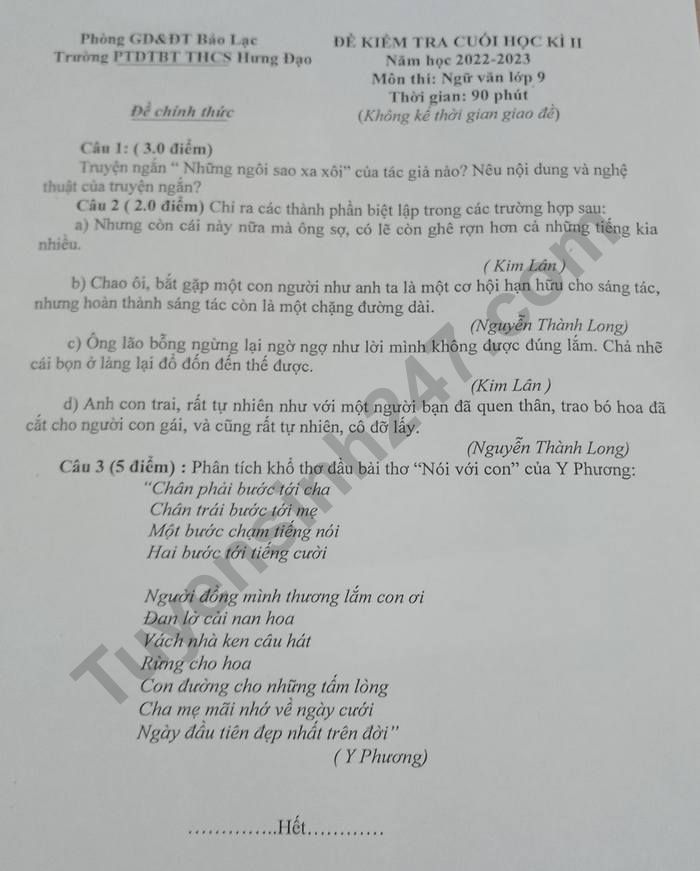 De kiem tra cuoi ki 2 lop 9 mon Van nam 2023 - PTDTBT THCS Hung Dao