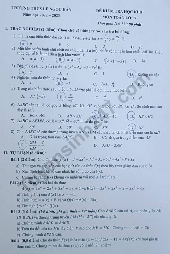 De thi hoc ki 2 lop 7 mon Toan nam 2023 - THCS Le Ngoc Han