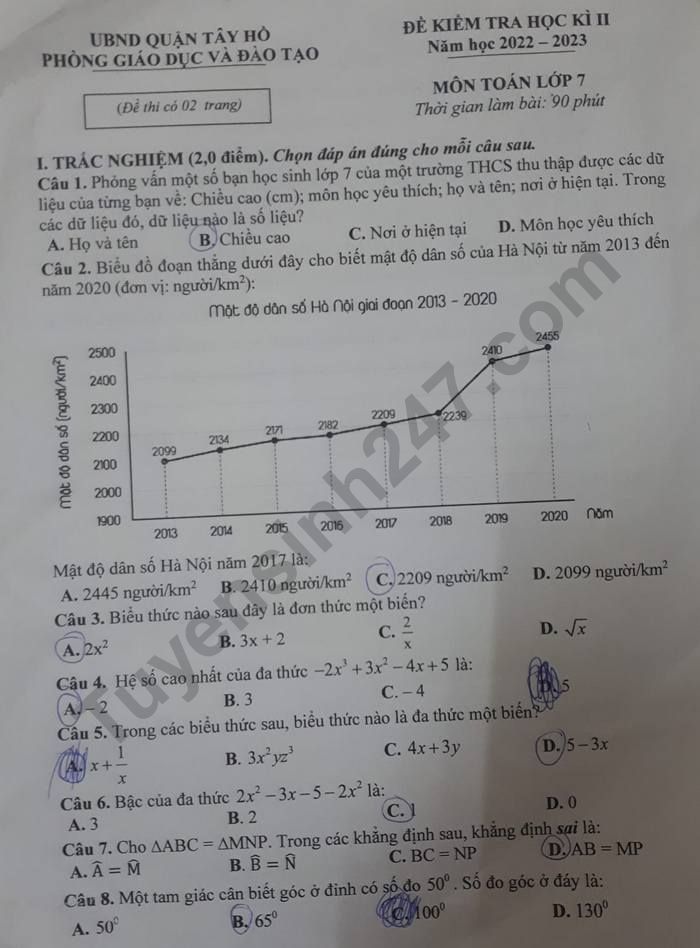 De kiem tra cuoi ki 2 lop 7 mon Toan nam 2023 - Phong GD Quan Tay Ho