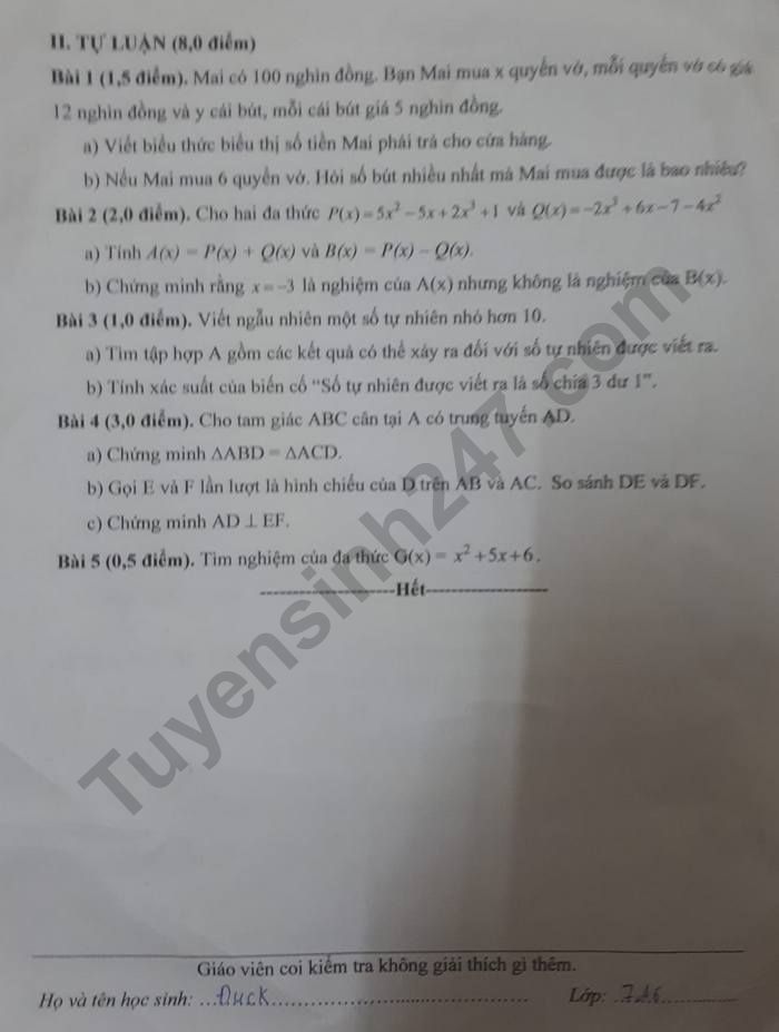 De kiem tra cuoi ki 2 lop 7 mon Toan nam 2023 - Phong GD Quan Tay Ho