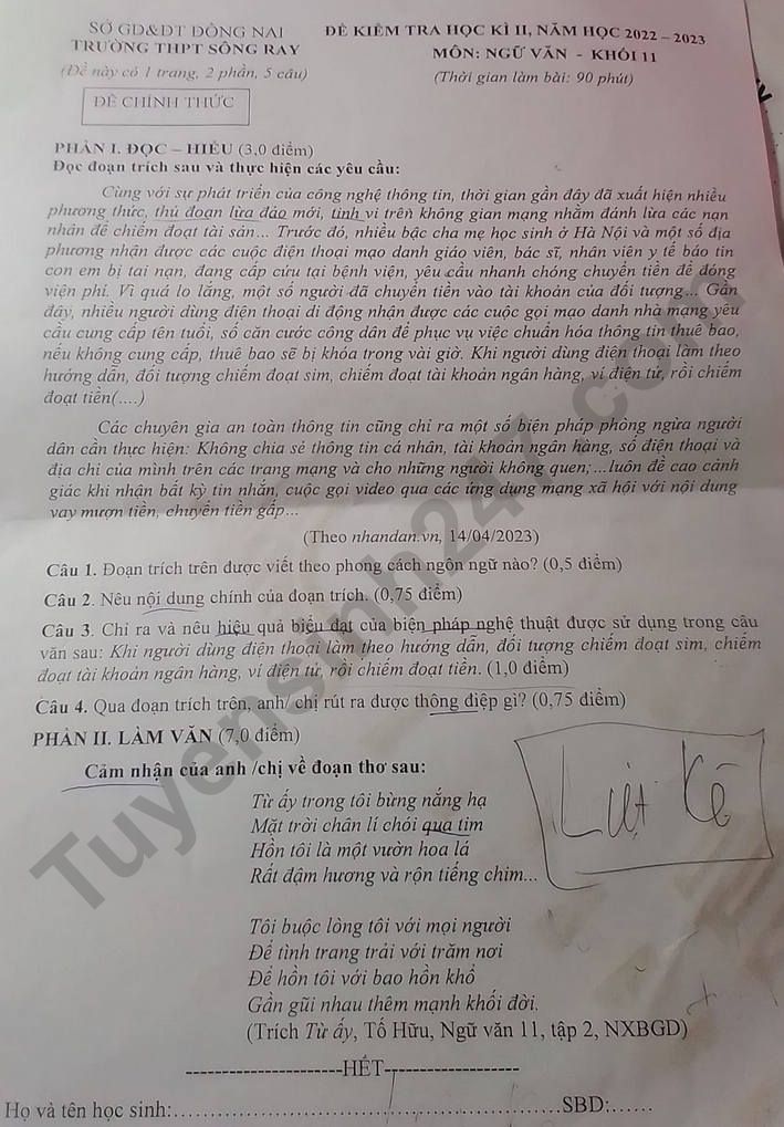 De cuoi ki 2 lop 11 mon Van 2023 - THPT Song Ray
