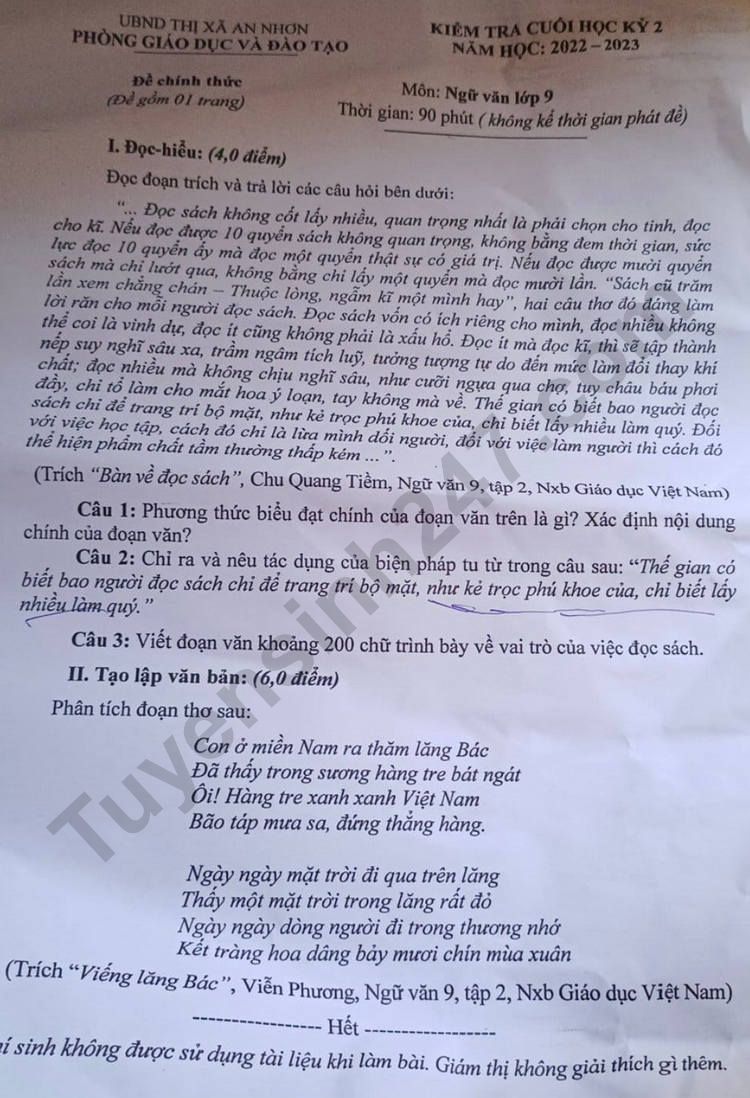 De thi ki 2 mon Van lop 9 - Phong GD An Nhon 2023