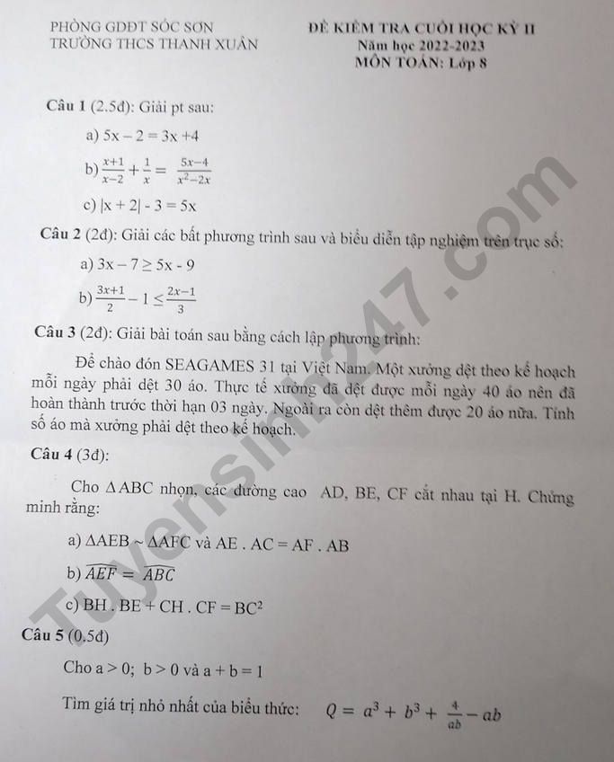 De thi ki 2 mon Toan lop 8 nam 2023 - THCS Thanh Xuan