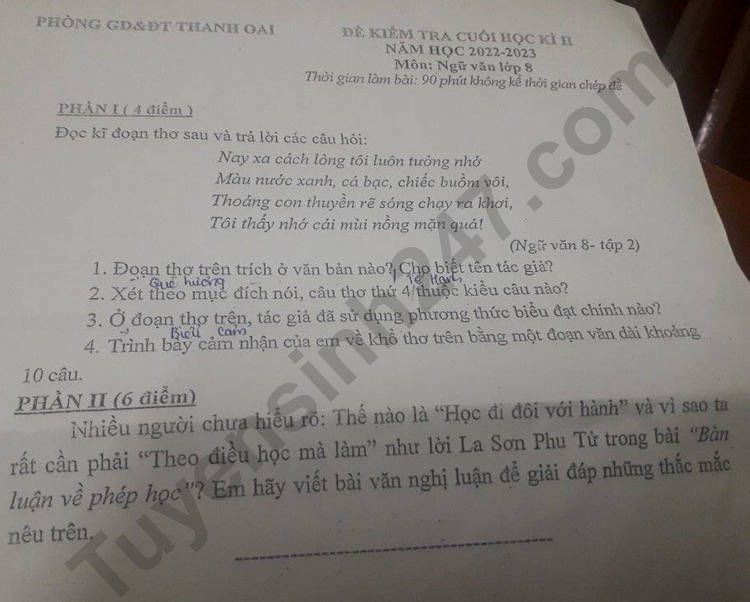 De thi cuoi ki 2 mon Van lop 8 - Phong GD Thanh Oai 2023