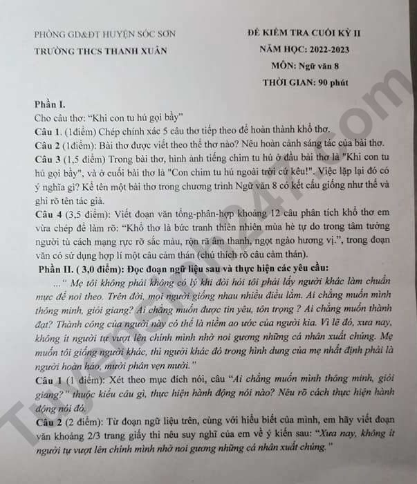 De thi ki 2 lop 8 mon Van 2023 - THCS Thanh Xuan