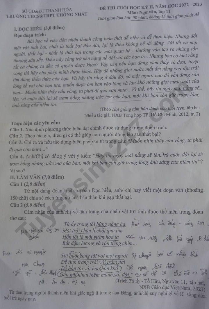 De thi ki 2 mon Van lop 11 - THPT Thong Nhat 2023