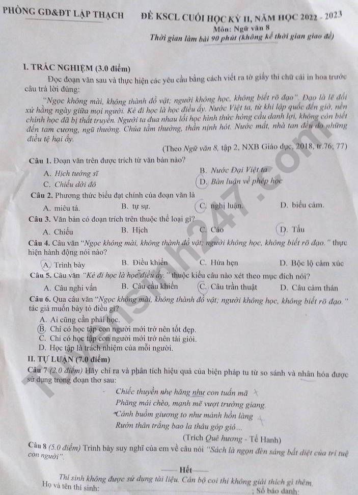De thi ki 2 lop 8 mon Van 2023 - Phong GD Lap Thach