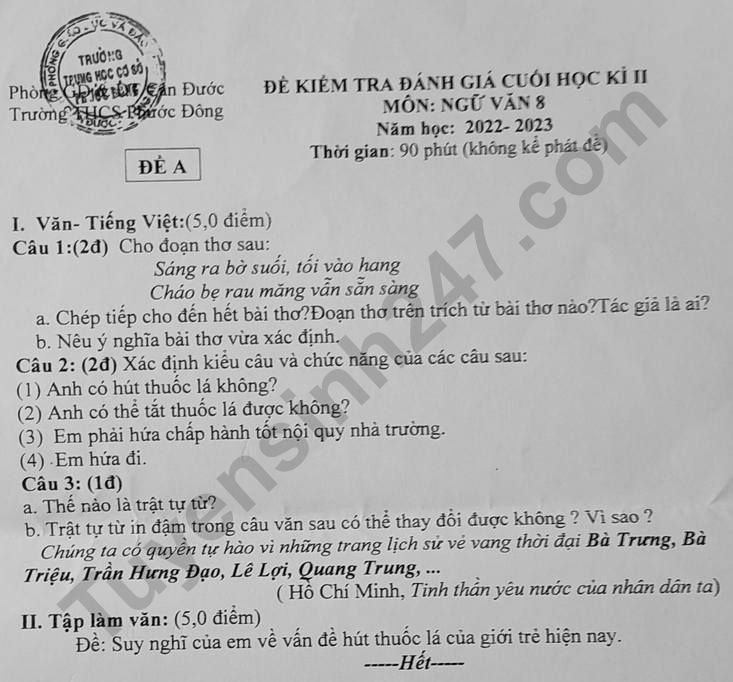 De thi ki 2 mon Van lop 8 nam 2023 - THCS Phuoc Dong