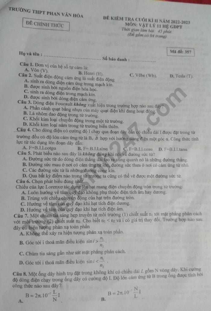 De hoc ki 2 lop 11 nam 2023 mon Ly - THPT Phan Van Hoa