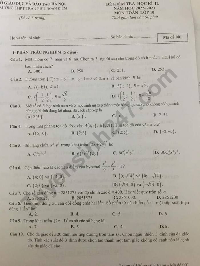 De kiem tra cuoi ki 2 lop 10 mon Toan nam 2023 - THPT Tran Phu - Hoan Kiem