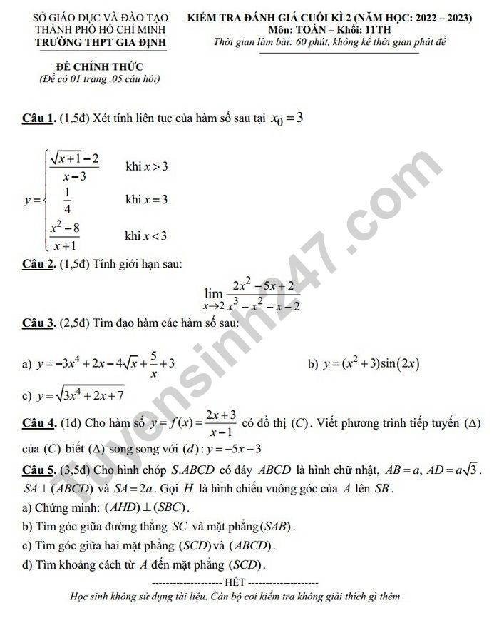 De cuoi ki 2 lop 11 mon Toan nam 2023 - THPT Gia Dinh