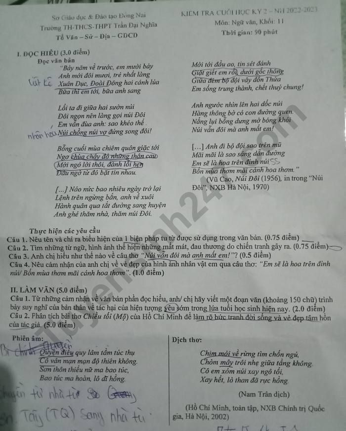 De hoc ki 2 lop 11 nam 2023 mon Van - TH - THCS - THPT Tran Dai Nghia