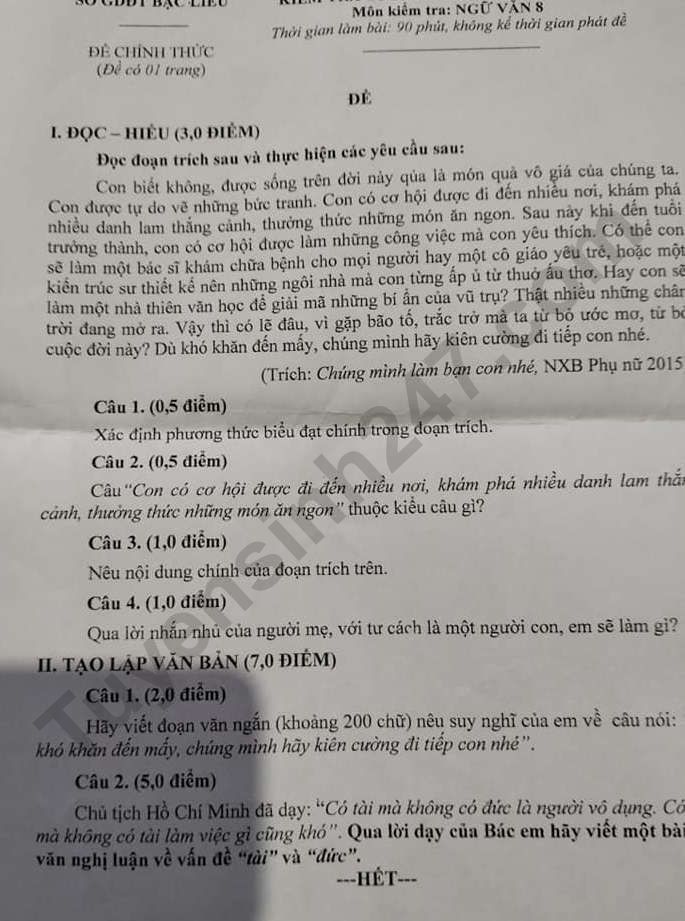 De cuoi ki 2 mon Van lop 8 - So GD Bac Lieu 2023