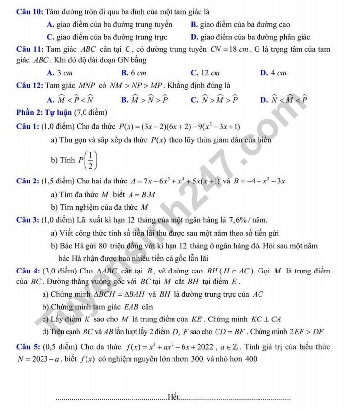 De khao sat hoc ki 2 lop 7 nam 2023 mon Toan - Phong GD Nam Dinh