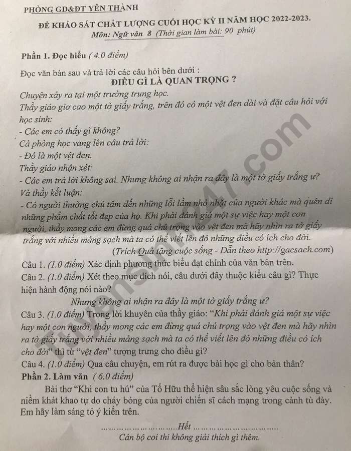 De hoc ki 2 lop 8 nam 2023 mon Van - Phong GD Yen Thanh