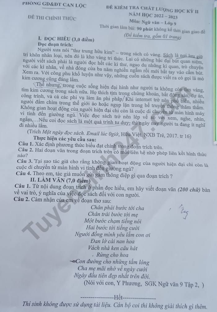 De kiem tra chat luong cuoi ki 2 lop 9 mon Van nam 2023 - Phong Can Loc GD