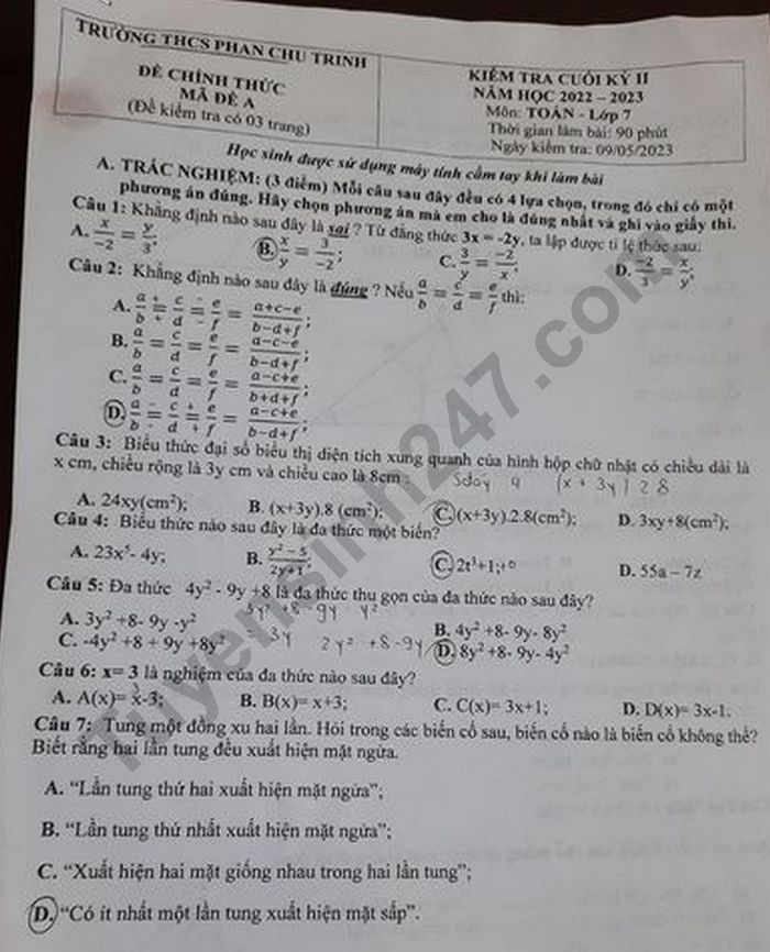 De hoc ki 2 lop 7 nam 2023 mon Toan - THCS Phan Chu Trinh
