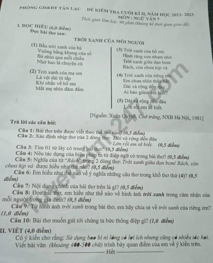 De thi cuoi ki 2 mon Van lop 7 - Phong GD Tan Lac nam 2023