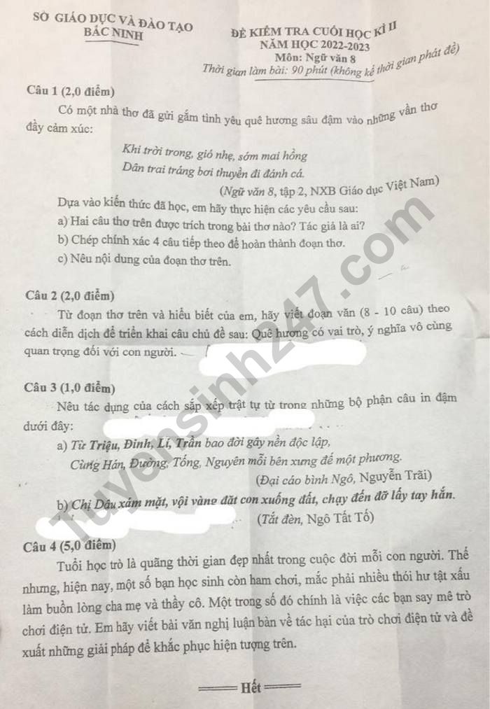 De hoc ki 2 lop 8 nam 2023 mon Van - So GD Bac Ninh