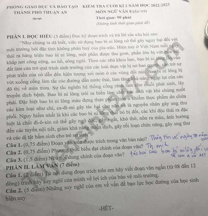 De thi cuoi ki 2 mon Van lop 8 - Phong GD Thuan An nam 2023