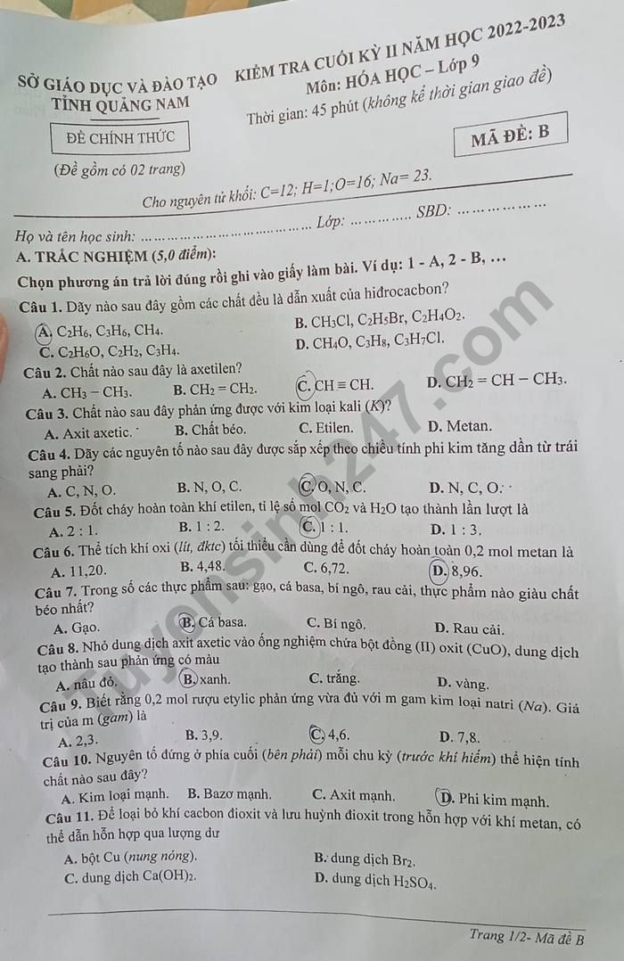De thi hoc ki 2 lop 9 mon Hoa nam 2023 - So GD Quang Nam