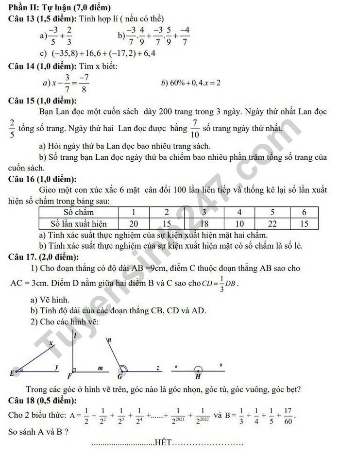 De hoc ki 2 lop 6 nam 2023 mon Toan - Phong GD Kim Thanh (Co dap an)