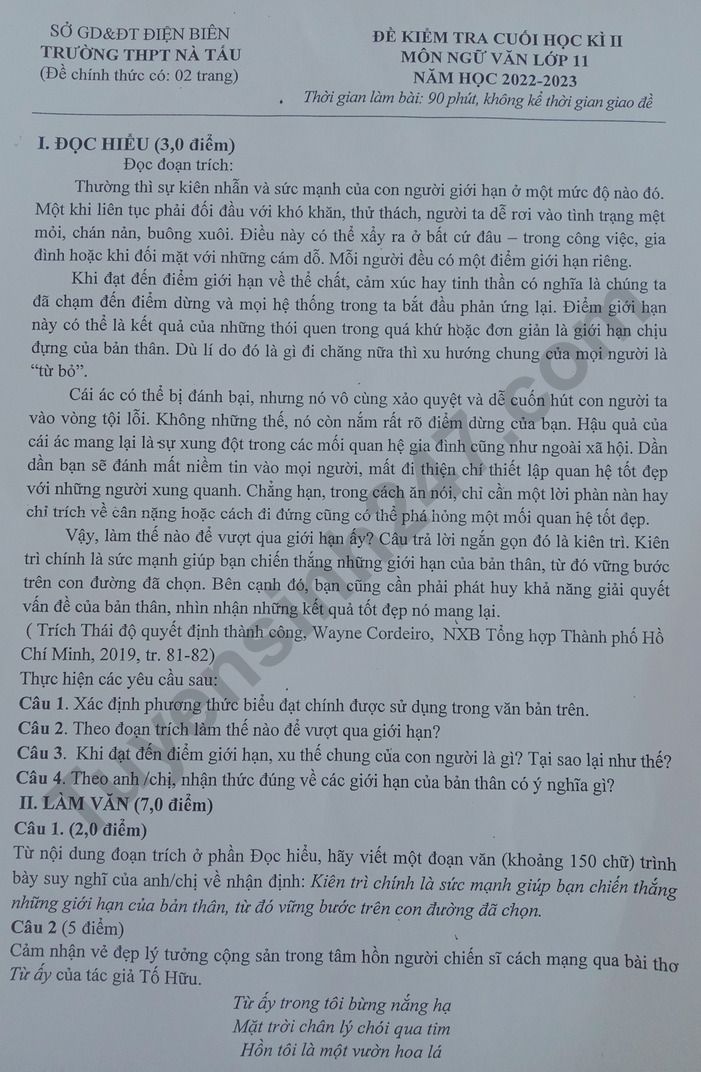 De thi ki 2 mon Van lop 11 nam 2023 - THPT Na Tau