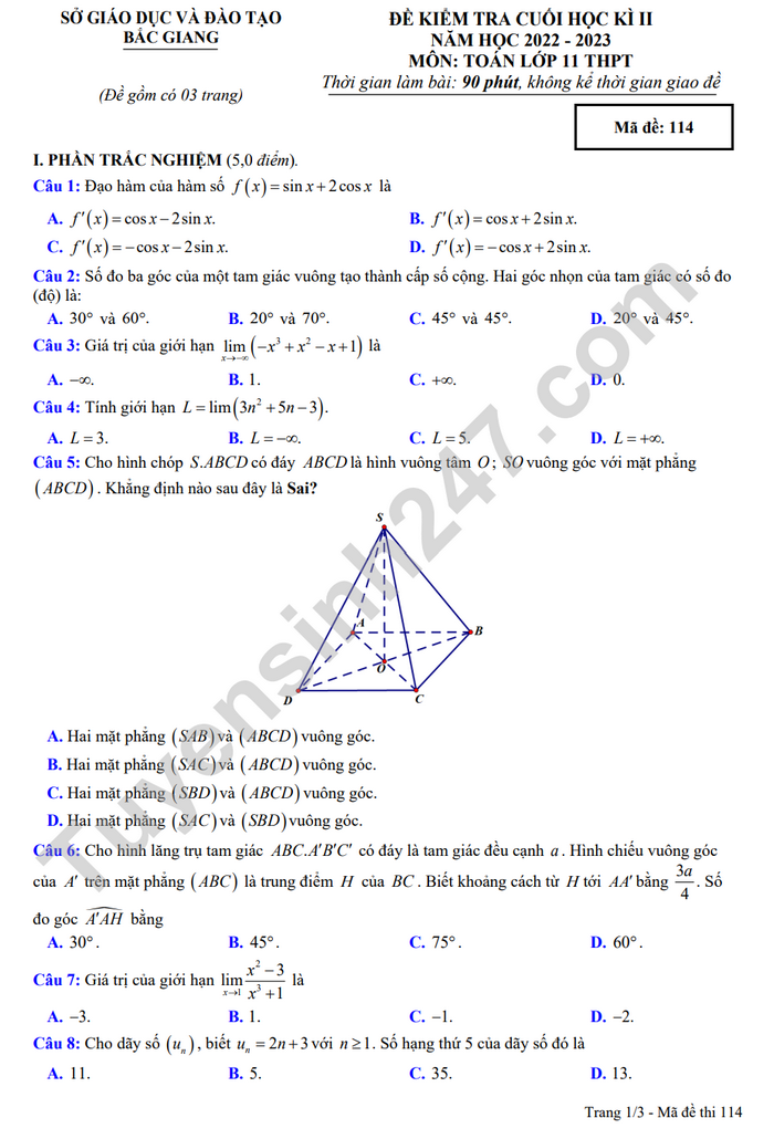 De thi ki 2 mon Toan lop 11 nam 2023 - Tinh Bac Giang (Co dap an)