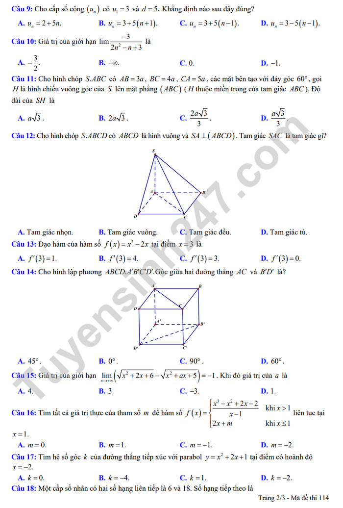 De thi ki 2 mon Toan lop 11 nam 2023 - Tinh Bac Giang (Co dap an)