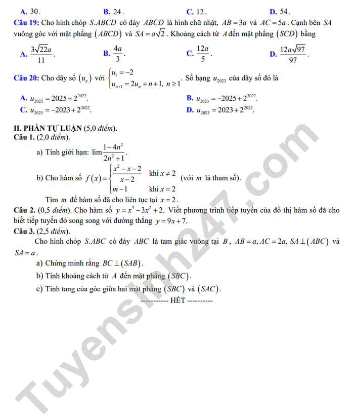 De thi ki 2 mon Toan lop 11 nam 2023 - Tinh Bac Giang (Co dap an)