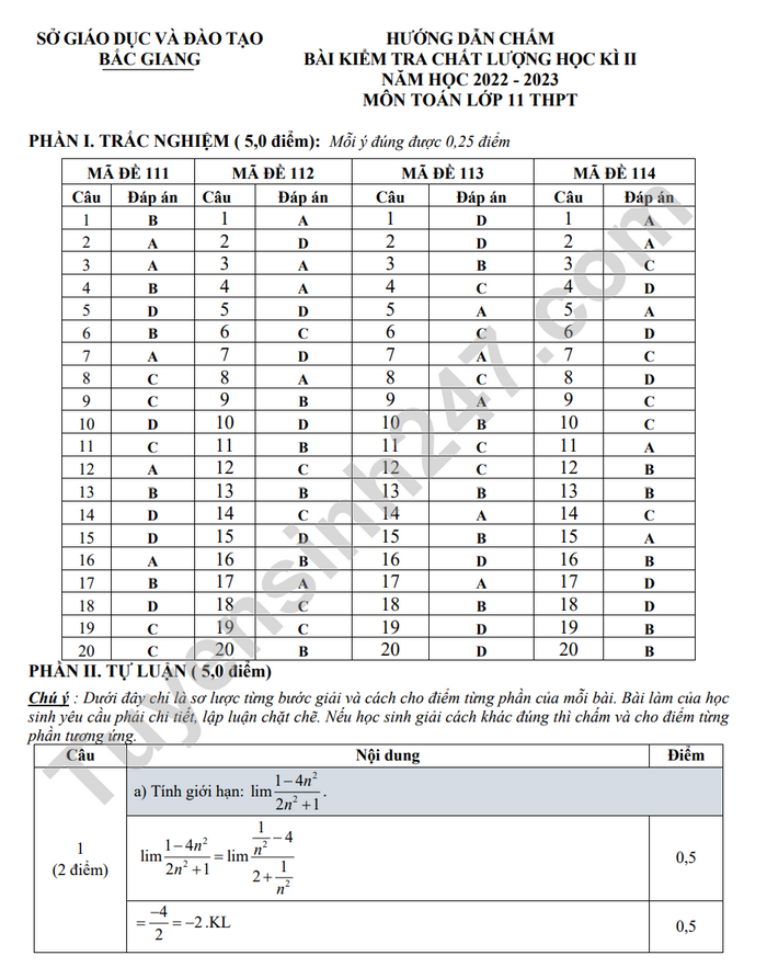 De thi ki 2 mon Toan lop 11 nam 2023 - Tinh Bac Giang (Co dap an)
