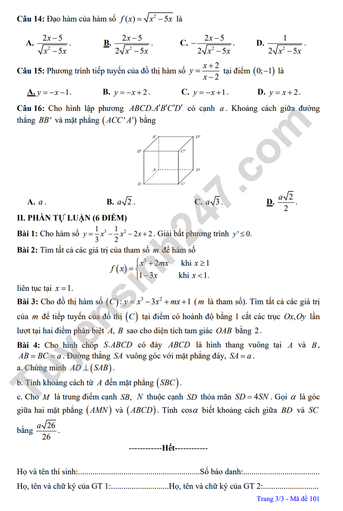 De thi ki 2 mon Toan lop 11 - THPT Giao Thuy 2023 (Co dap an)