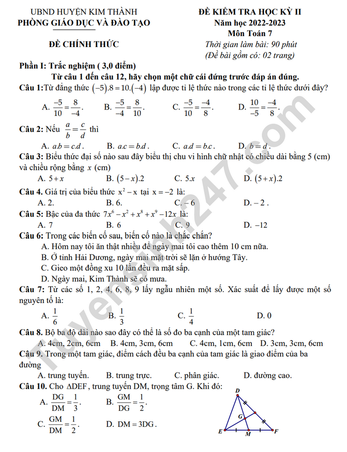 De thi ki 2 mon Toan lop 7 nam 2023 - Huyen Kim Thanh (Co dap an)
