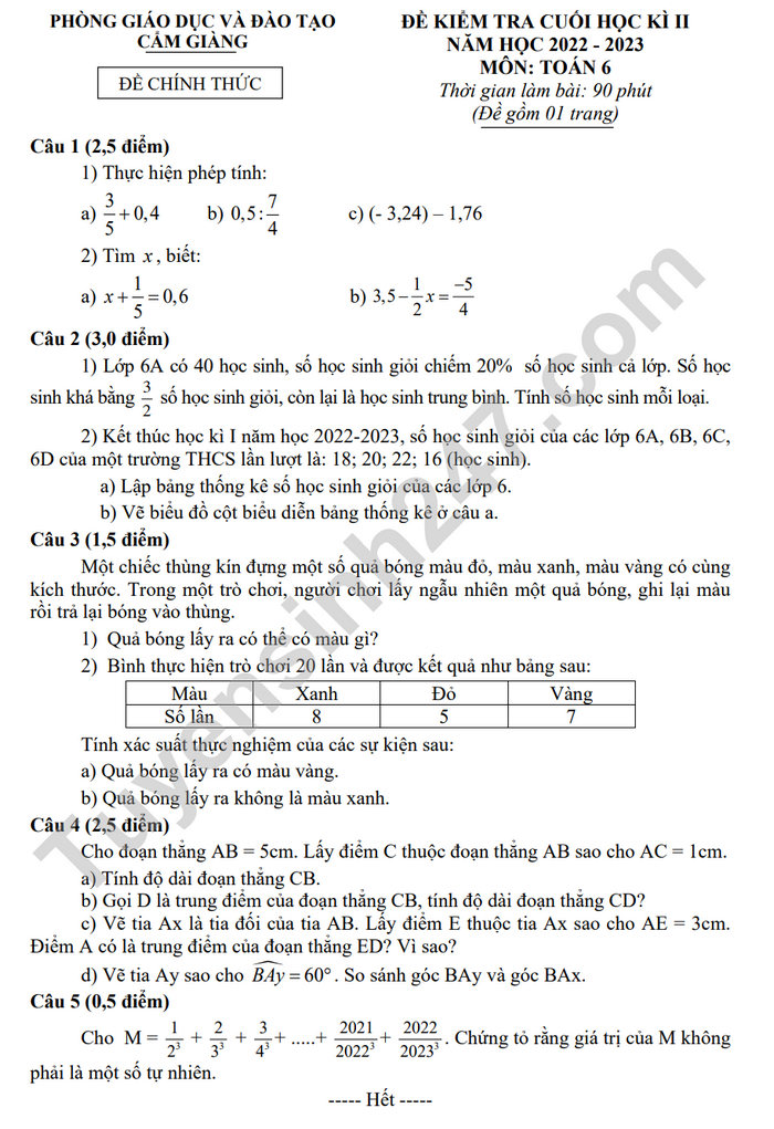 De thi ki 2 mon Toan lop 6 - Phong GD Cam Giang 2023 (Co dap an)