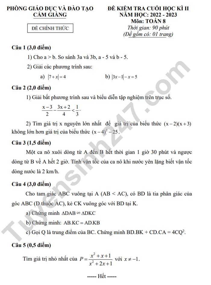 De thi ki 2 mon Toan lop 8 - Huyen Cam Giang 2023 (Co dap an)