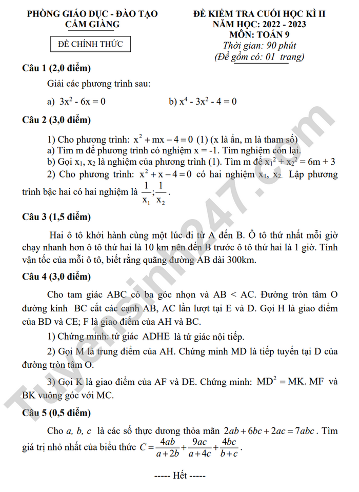 De thi hoc ki 2 mon Toan lop 9 - Huyen Cam Giang 2023 (Co dap an)