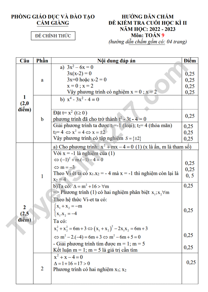 De thi hoc ki 2 mon Toan lop 9 - Huyen Cam Giang 2023 (Co dap an)