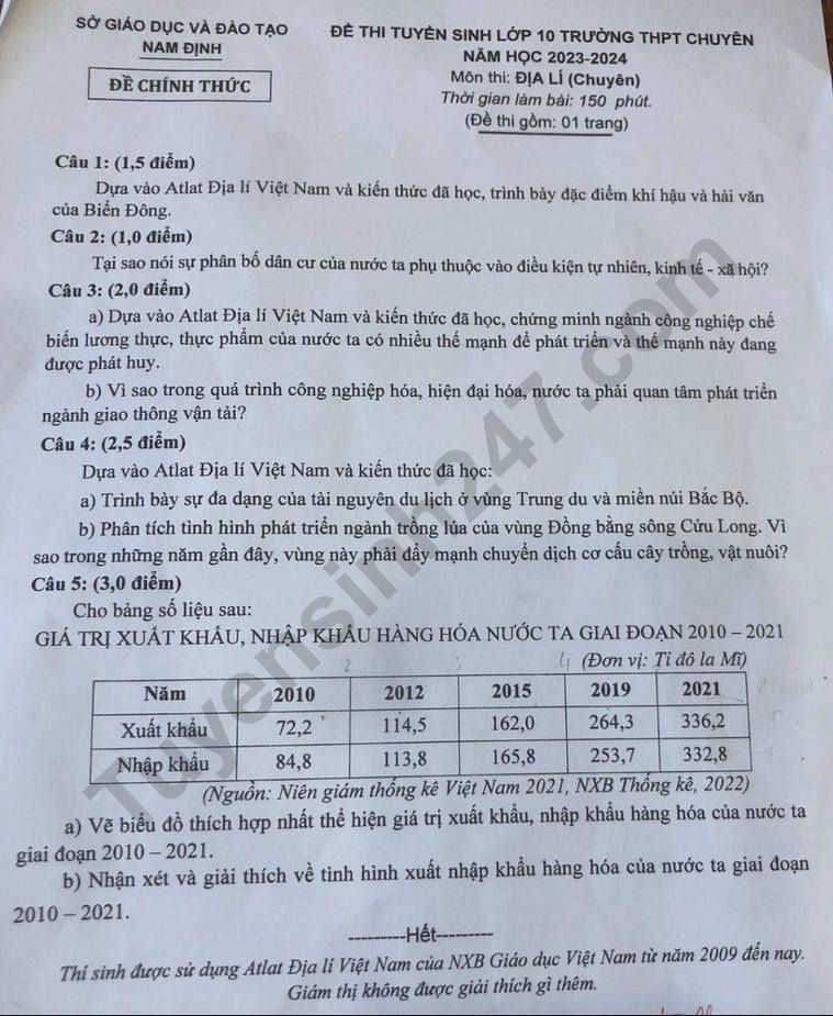 De thi mon Dia chuyen vao lop 10 nam 2023 - THPT Chuyen Le Hong Phong