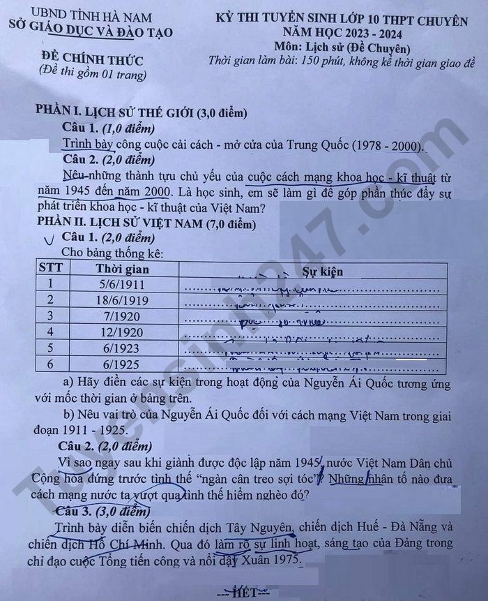 De thi vao 10 THPT chuyen Bien Hoa mon Su chuyen 2023
