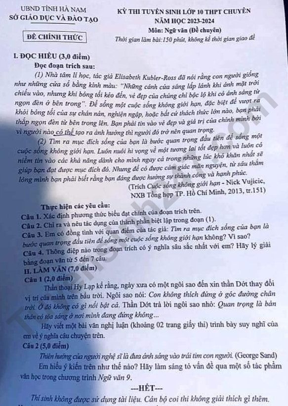 De thi vao lop 10 THPT Chuyen Bien Hoa 2023 - mon Van chuyen