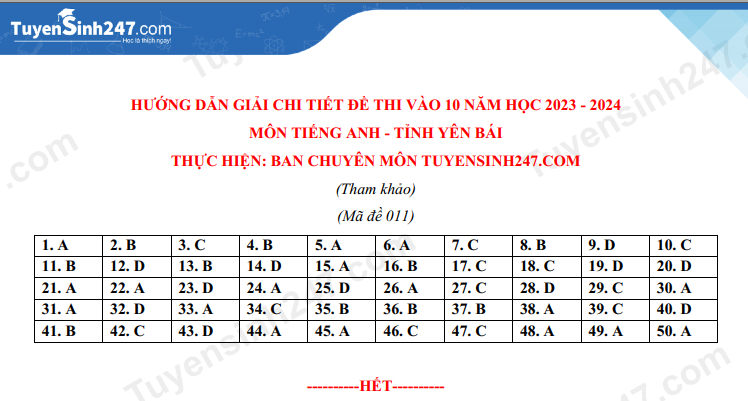 Dap an de thi mon Anh tinh Yen Bai 2023 vao lop 10