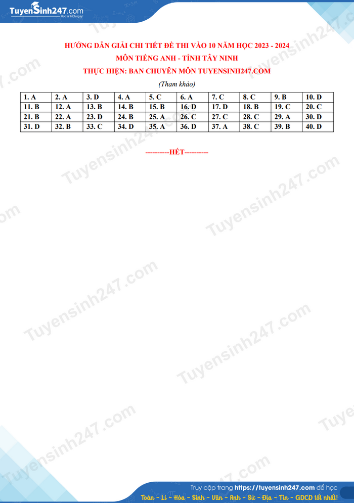 De thi vao lop 10 tinh Tay Ninh mon Anh 2023 - Co dap an