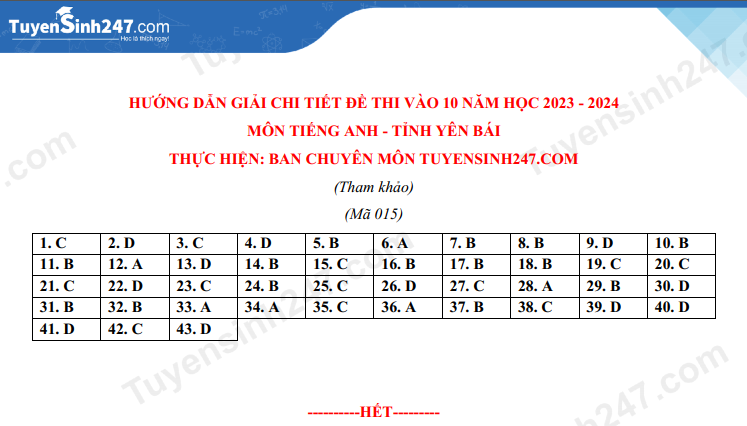 Dap an de thi mon Anh tinh Yen Bai 2023 vao lop 10